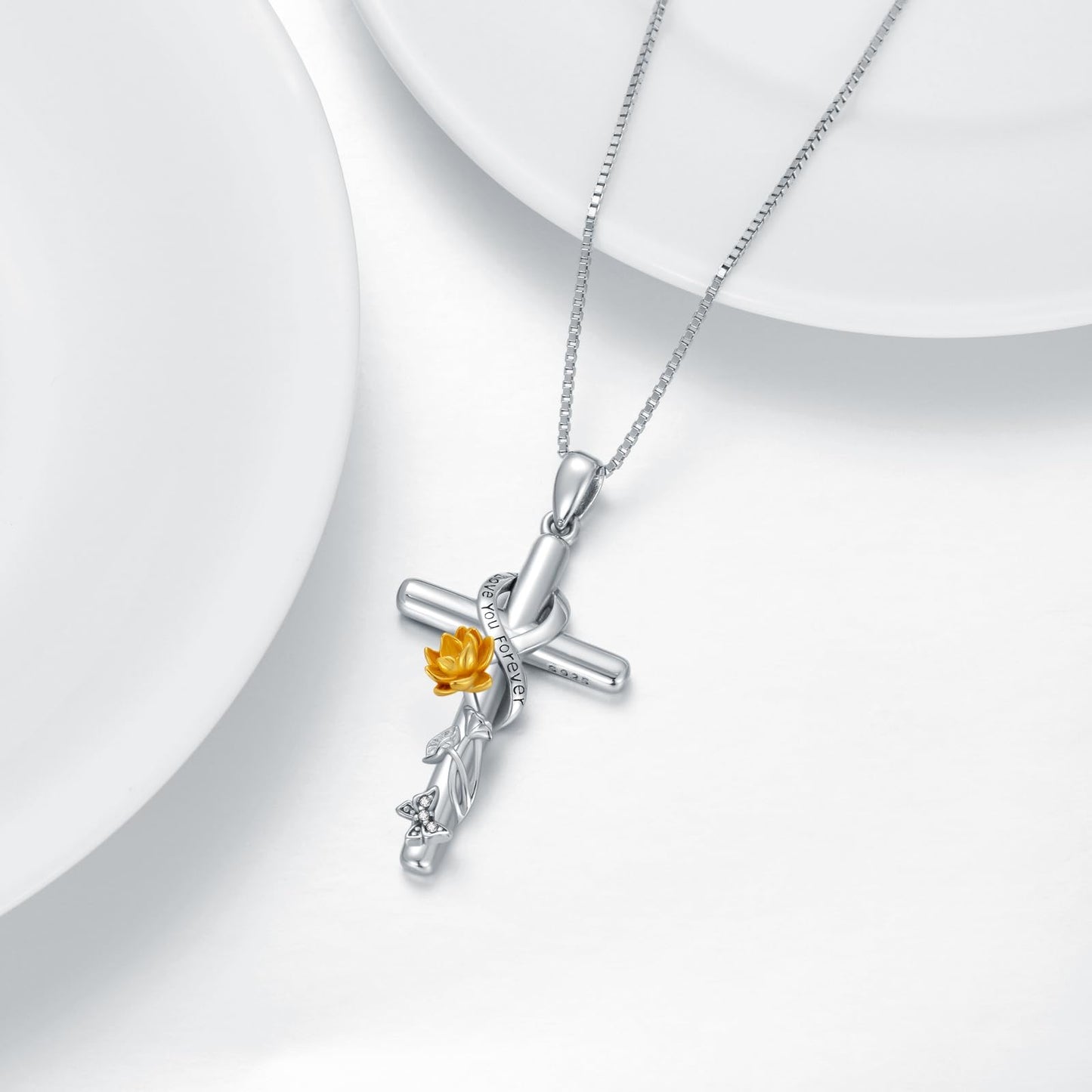 Flpruy Lotus Necklace for Women - 925 Sterling Silver July Birth Flower Cross Pendant - Lotus Jewelry Birthday Gift