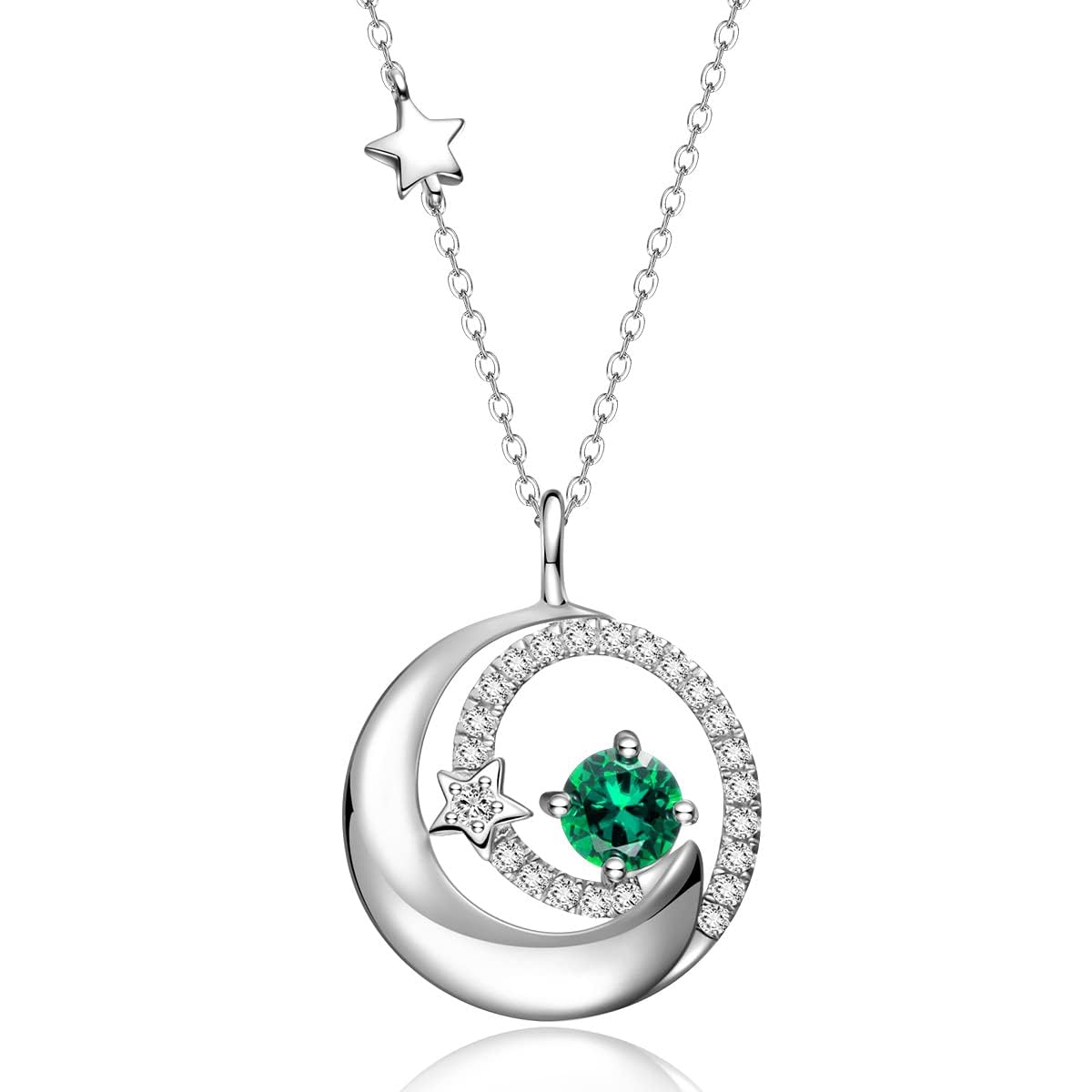 FANCIME Moon Star Necklace, Emerald May Birthstone Necklace for Women 925 Sterling Silver Pendant Green Fine Jewelry Anniversary Birthday Mothers Day Gifts for Mom Women Daughter, Adjustable Chain 16"+2"