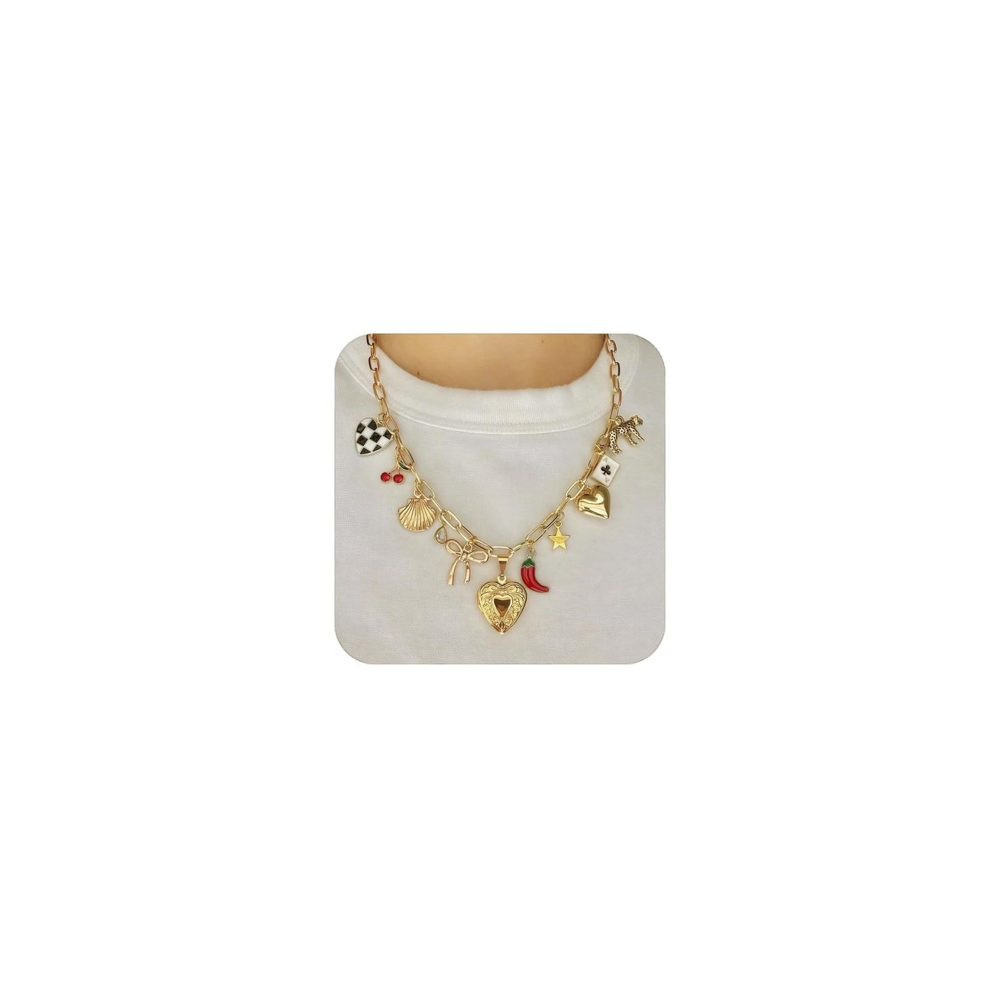 Trendy Stainless Steel Gold Plated Charm Necklace with Heart Pearl Pepper Conch Ceramic Pendant Necklace for Women Collares Chokers Jewelry (Heart)