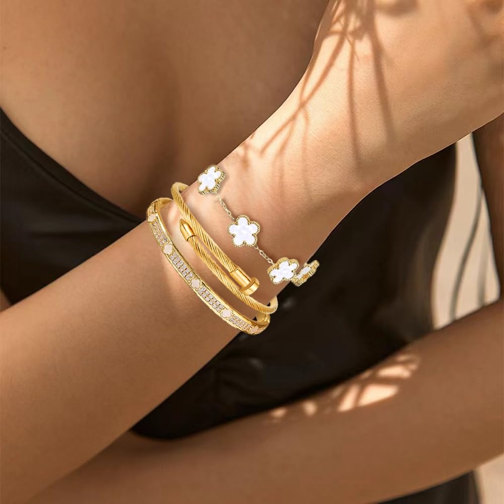 Nail Bracelets set for Women 3Pcs Stackable Love Bangle 18K Gold Plated Clovers Bracelet Floral Bracelet Set Trendy Gifts for Women (White)