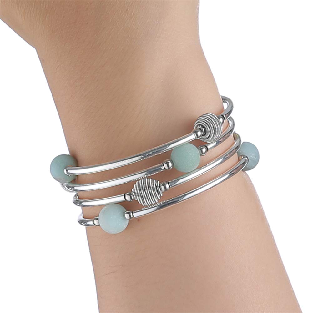 PEARL&CLUB Beaded Chakra Bangle Turquoise Bracelet - Fashion Jewelry Wrap Bracelet with Thick Silver Metal and Mala Beads, Birthday Gifts For Women(63-Agate Green)