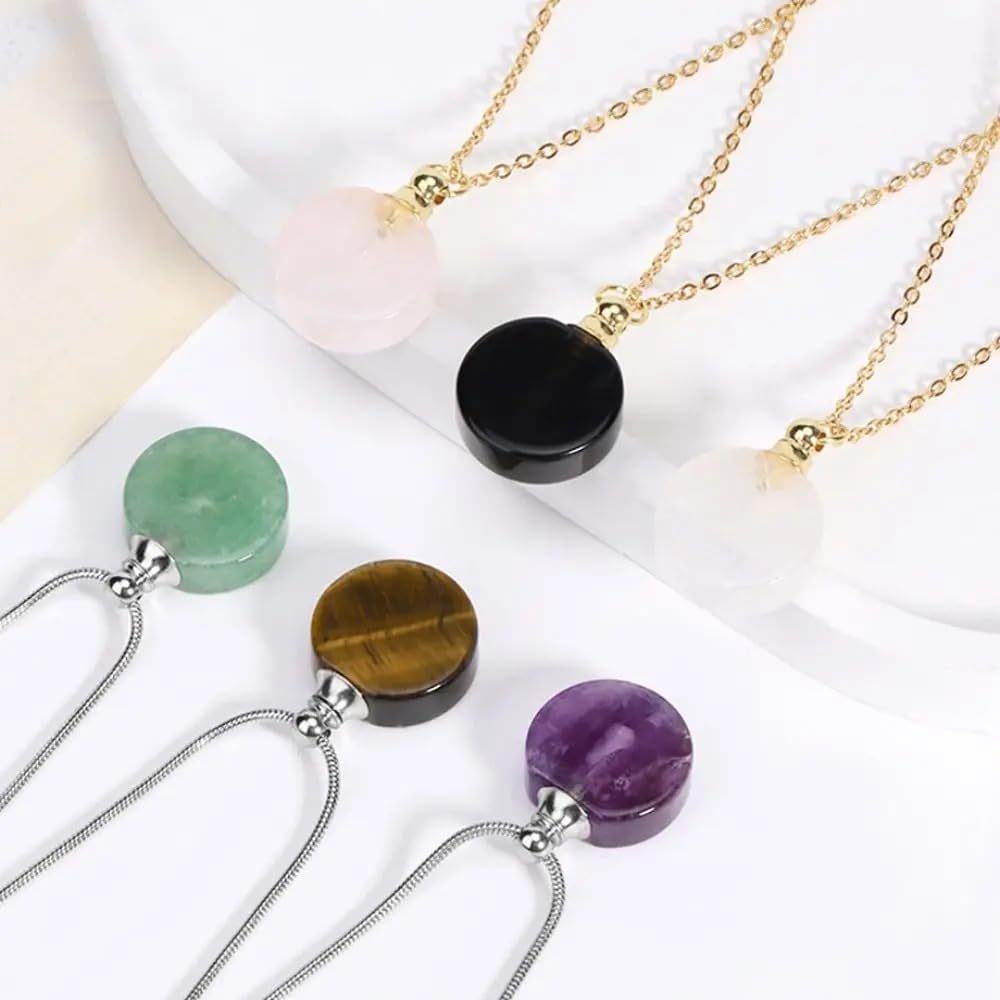 925 Sterling Silver Essential Oil Necklace For Women And Men, 14K Gold Filled Natural Stone Round Perfume Bottle Necklace, Essentials Oil Diffuser Vial Necklace (8 - Essential Oil Necklace)