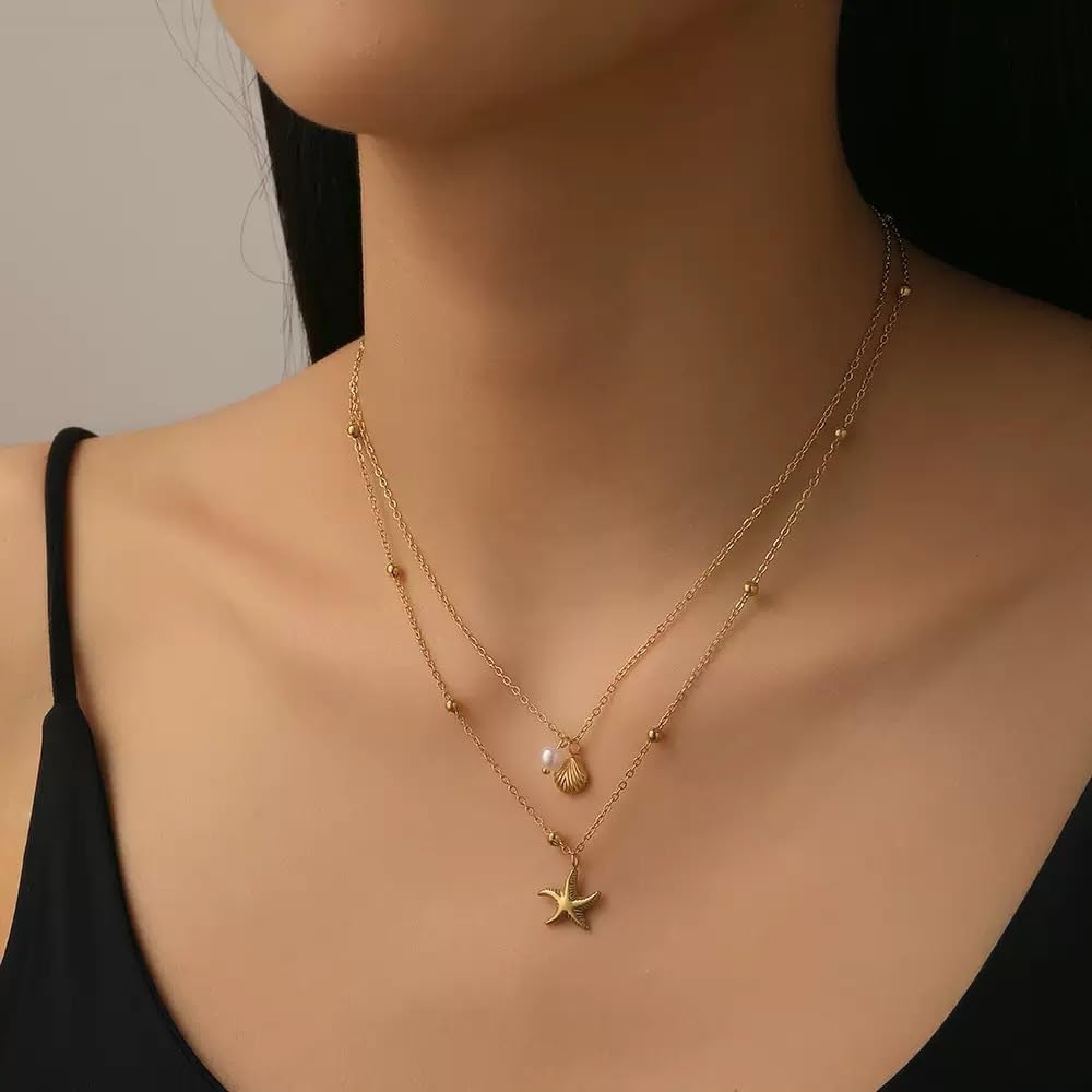 16 Pairs Starfish Jewelry Set for Women 14K Gold Plated Seashell Necklace Starfish Earring Open Ring Seashell Layer Boho Bead Adjustable Bracelet For Summer Travel Holiday Vacation Party (starfish set)