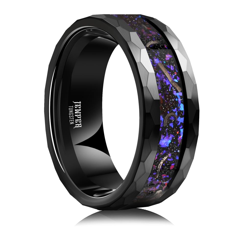 JEWPER 8mm Men Womens Wedding Band Tungsten Rings Black Blue Hammer pattern Fashion Promise Carbide Inlaid Milky Way Foil Iron Filings Matte Finish Edge Comfort Fit Size(7)