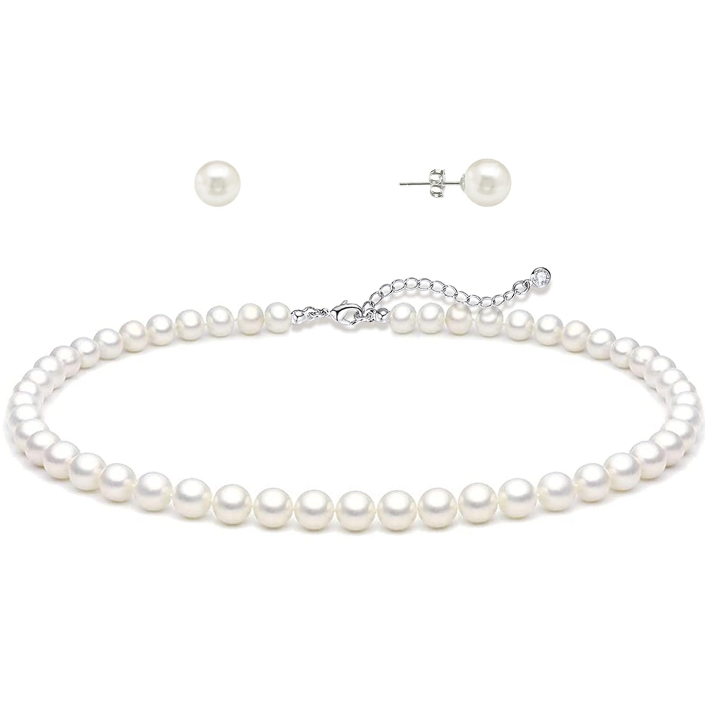 Zeffy Pearl Necklace and Earring Set for Women, White Round Faux Pearl Necklace Earring Set of 2, Jewelry for Brides