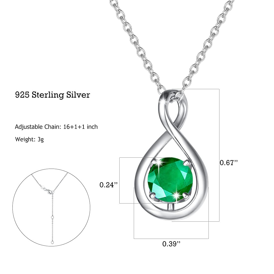 FANCIME Emerald Necklace 925 Sterling Silver Dainty Infinity Pendant May Birthstone Necklace for Women Green Gemstone Fine Jewelry Anniversary Birthday Mothers Day Gifts for Mom Her