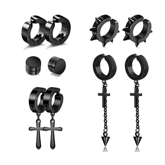 5 Pairs Black Stainless Steel Non-Piercing Spike Rivet Cross Dangle Tassel Clip on Hoop Earrings Set for Women Men, Non Pierced Fake Ear Clip Stud Earrings (Black)