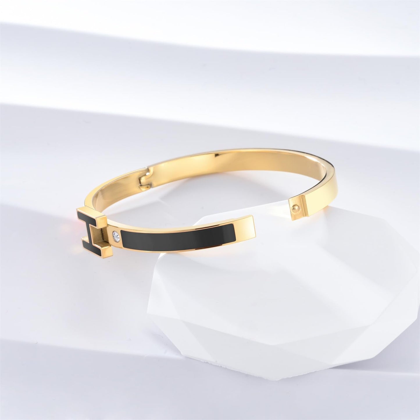 Hothink H Bracelets for Women,H Bangle and H Wire Rope Bracelet Set,Dainty 18K Gold Plated Bracelets Set for Christmas Mothers Day Gifts for Women (Gold-Black)