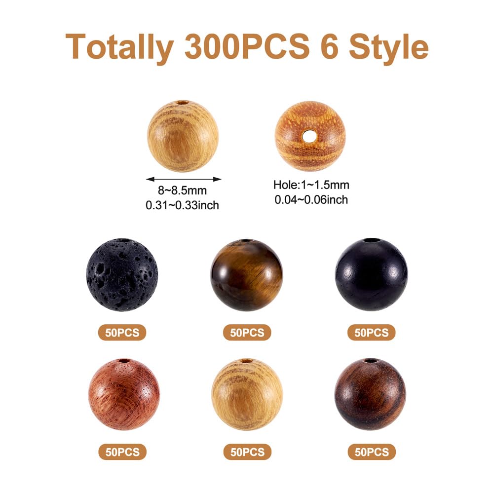 KISSITTY 300Pcs 6 Style Natural Wood Round Gemstone Beads Kit for Easter 8mm Lava Rock Bead & Grade AB Tiger Eye Wood Bead Natural Polished Wooden Ball Loose Beads for Men Bracelet Jewelry Making