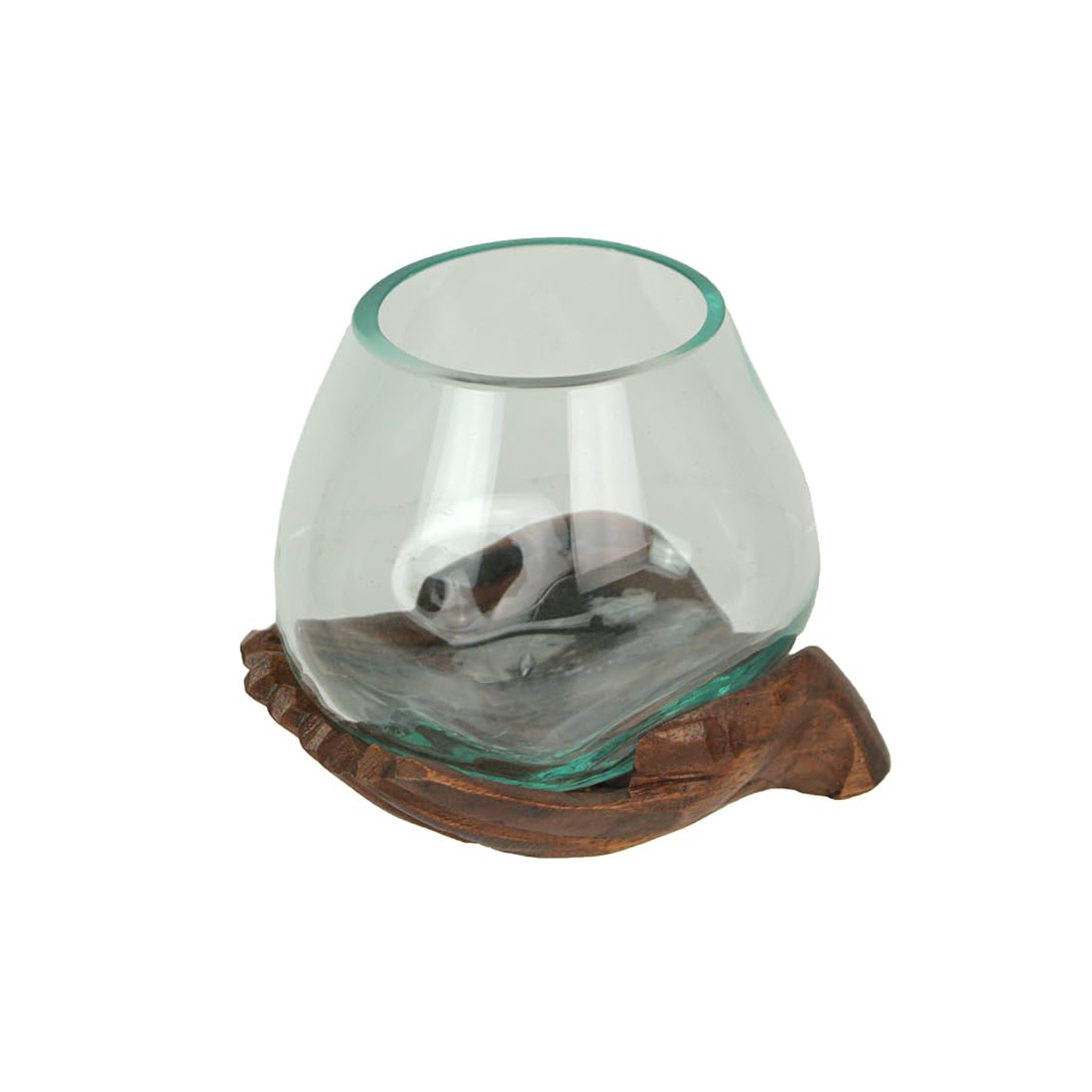 Blown Molten Glass and Carved Wood Hands Decorative Bowl, Vase, and Terrarium, 5 Inches High