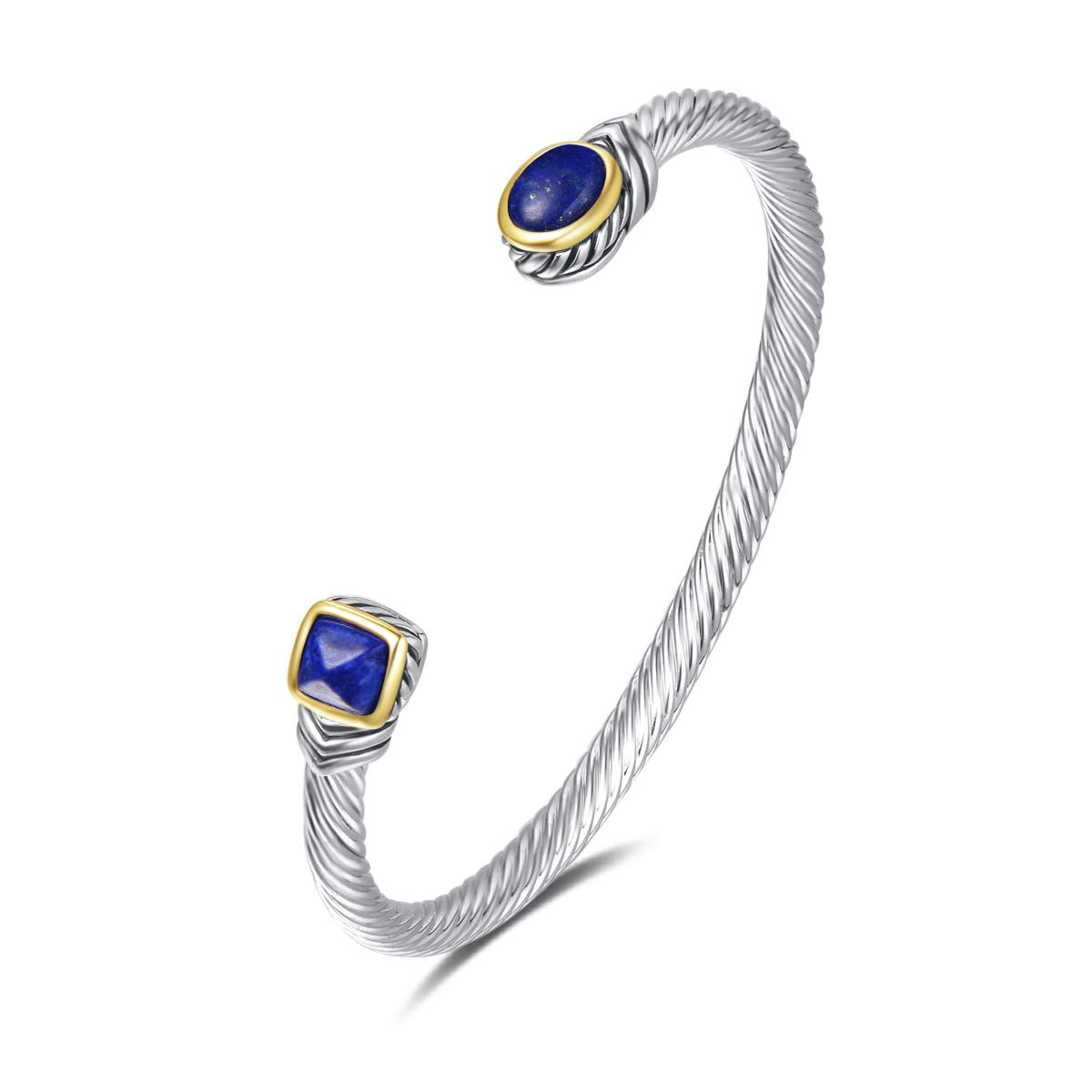 UNY Jewel Bracelet Designer Brand Inspired Women Jewelry 4.5mm Thin Twisted Cable Wire Bangle Gem Stone Christmas Day Gift (Lapis Blue)