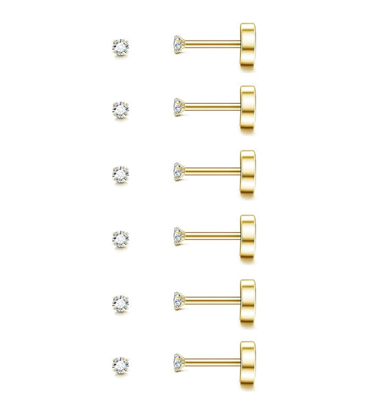 6 Pairs Gold 2mm Tiny Flat Back Earrings for Women Men, Surgical Steel 20G Small Stack Round Cubic Zirconia Earrings for Multiple Piercing, Hypoallergenic Piercing Studs for Sensitive Ears
