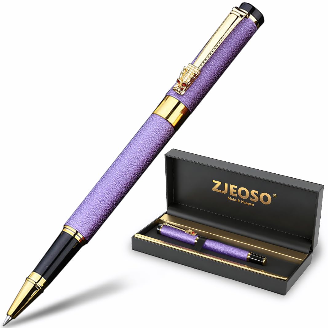 ZJEOSO Fancy Pens for Women, Nice Rollerball Pens with Dragon Design, Elegant Gift Pen, Office & Signature Writing Pen, Refillable Black Ink Business Pen (Purple)
