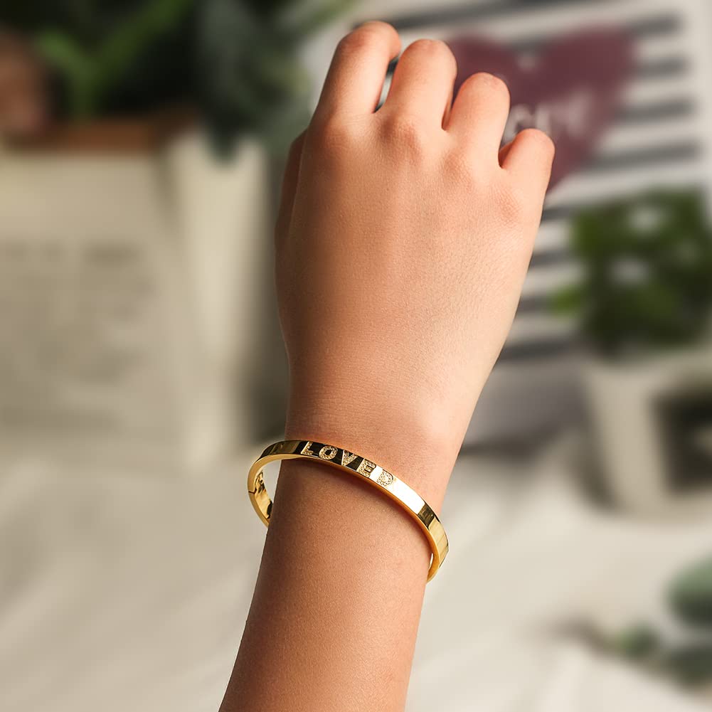 WISTIC Gold Plated Bangle Bracelet for Women, Silver Engraved Letter Cuff Bracelet with CZ, Fits 6.0–7.0 Inch Wrist, 2.4in Inner Dia., Rose Gold Stainless Steel Hinged Bangle Jewelry, LOVED, Gold