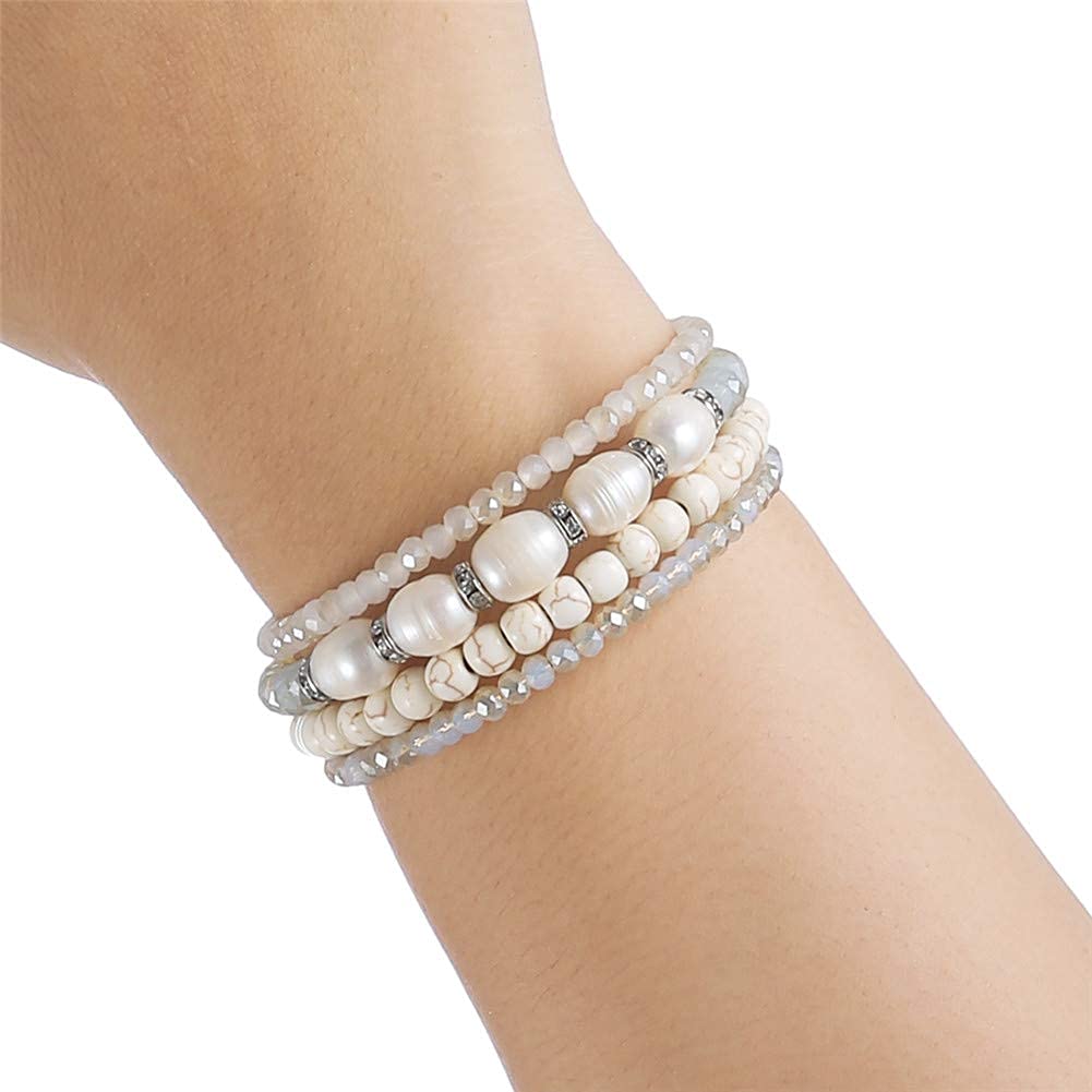 Beaded Freshwater Pearl Chakra Bracelet - Multi Strand Wrap Bracelet with Natural Crystal Agate Beads, Birthday Gifts for Women(29-White)