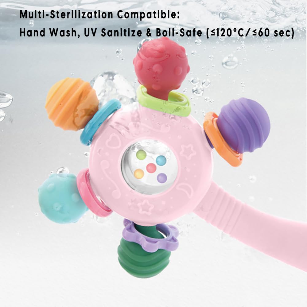 Baby Teether Toys for Babies 0 3 6 9 12 18 Months,Baby Rattle Toys,Baby Sensory Toy for 0-6 6-12 Months, Montessori Early Education,Manhattan Ball,Grasp Training Toy,Suction Cup Toys(Pink)