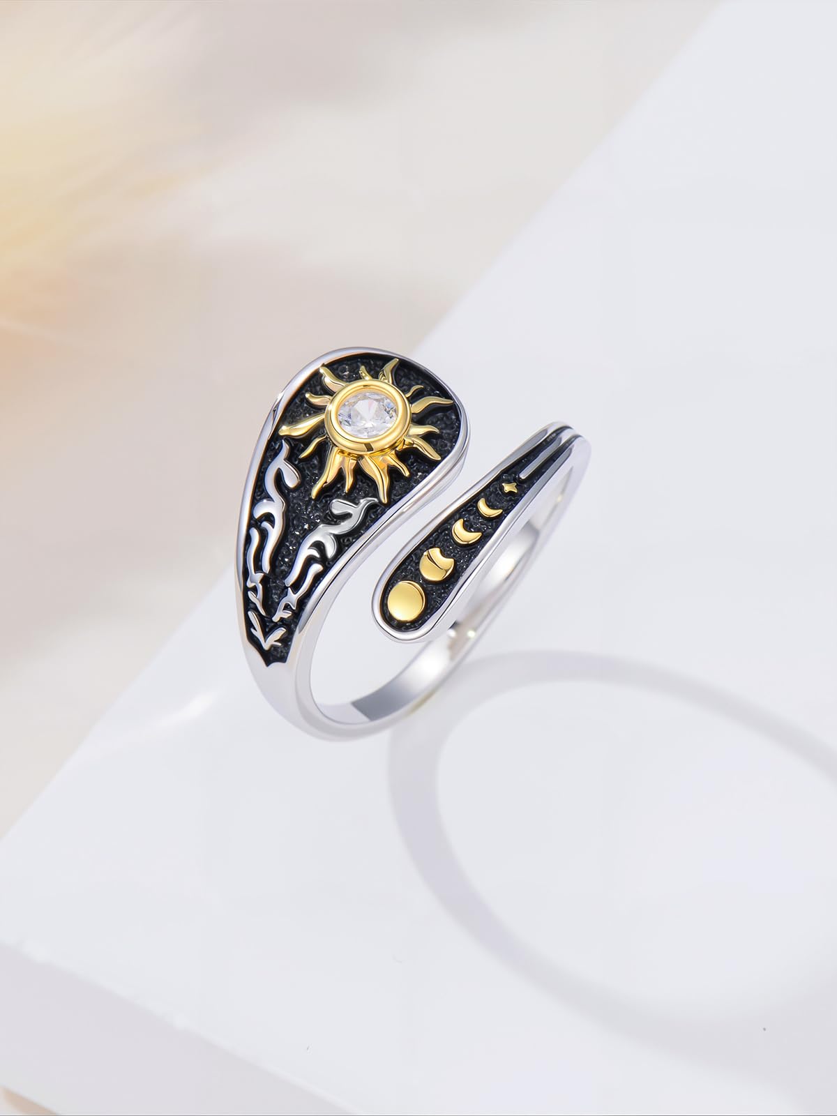 Midari Sun and Moon Star Spoon Rings Cubic Zirconia 925 Sterling Silver Adjustable Sun and Moon Thumb Vintage Finger Open Spoon Ring Moon Phase Jewelry Halloween Christmas Birthday for Women Daughters Friends