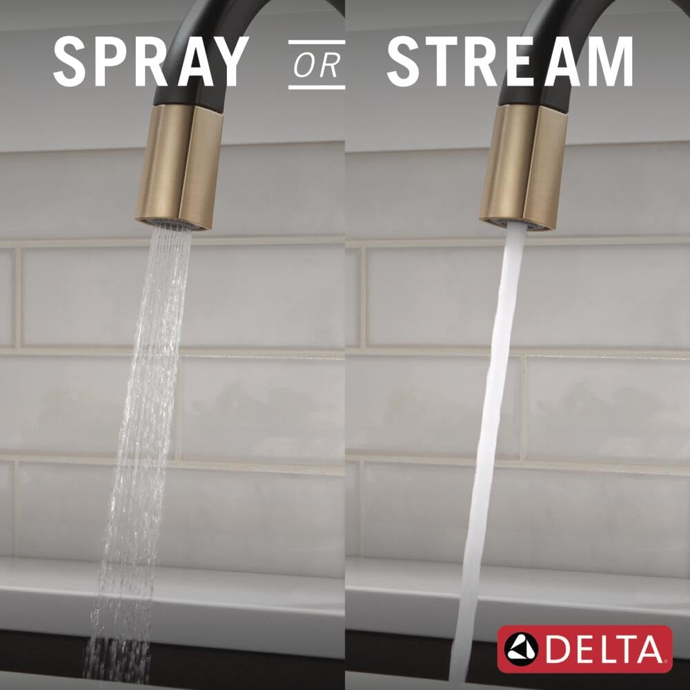 Delta Monrovia Matte Black/Brushed Gold Kitchen Faucet with Pull Down Sprayer, Modern Single Hole Kitchen Sink Faucet, Single Handle, Matte Black/Champagne Bronze 9191-GZ-DST