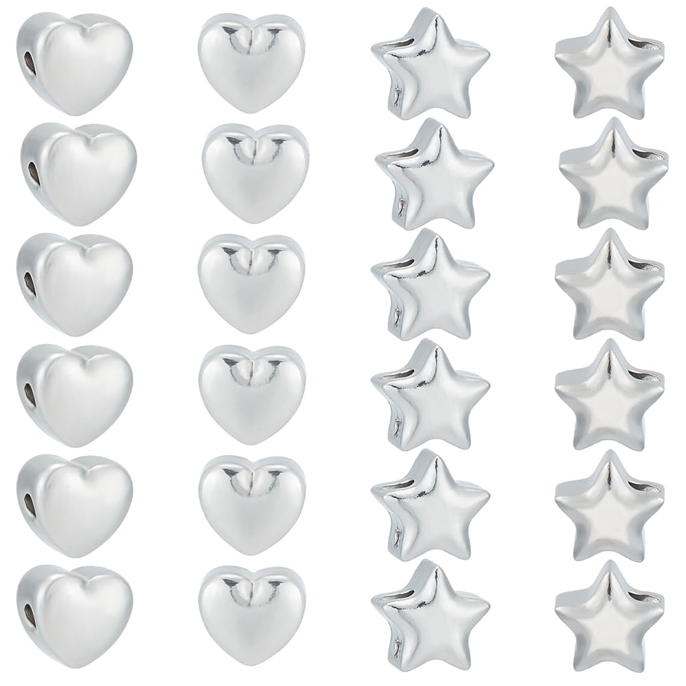 UNICRAFTALE 24Pcs 2 Style Spacer Beads Kit 1.5mm 304 Stainless Steel Cute Beads Metal Star Beads Heart Spacer Beads Small Hole Heart Beads for Bracelets Necklace Jewelry Making