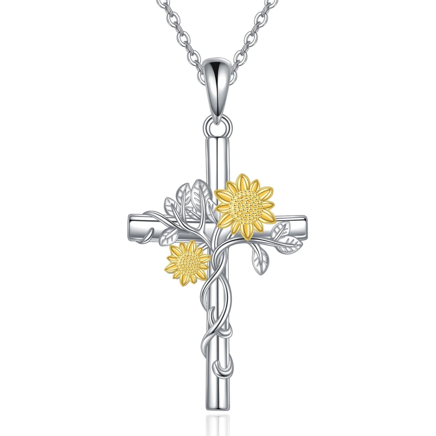 POPLYKE Cross Sunflower Necklace for Women 925 Sterling Silver Cross Necklace Sunflower Pendant Sunflower Jewelry for Women