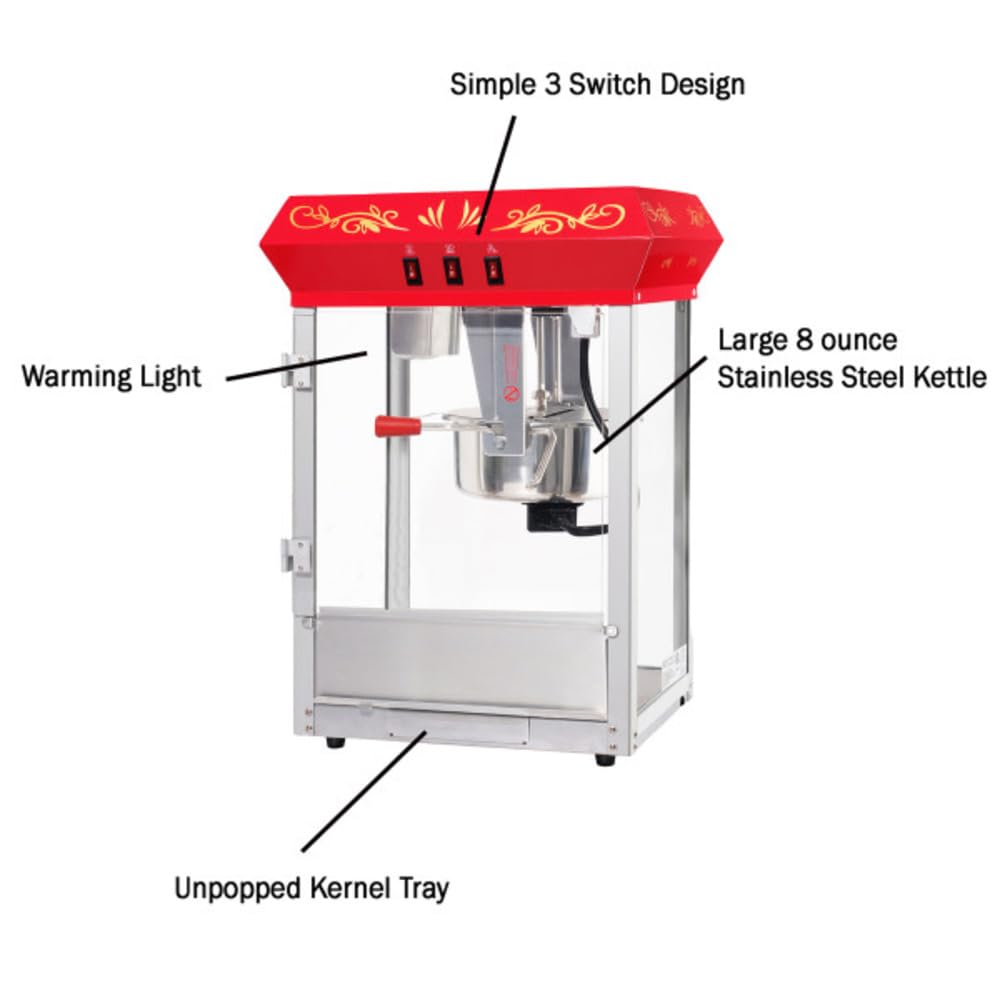 Great Northern Popcorn Company 6100 8 ounce Foundation Red Antique Style Popcorn Popper Machine, Red Floral, Counter-top Popper Machine