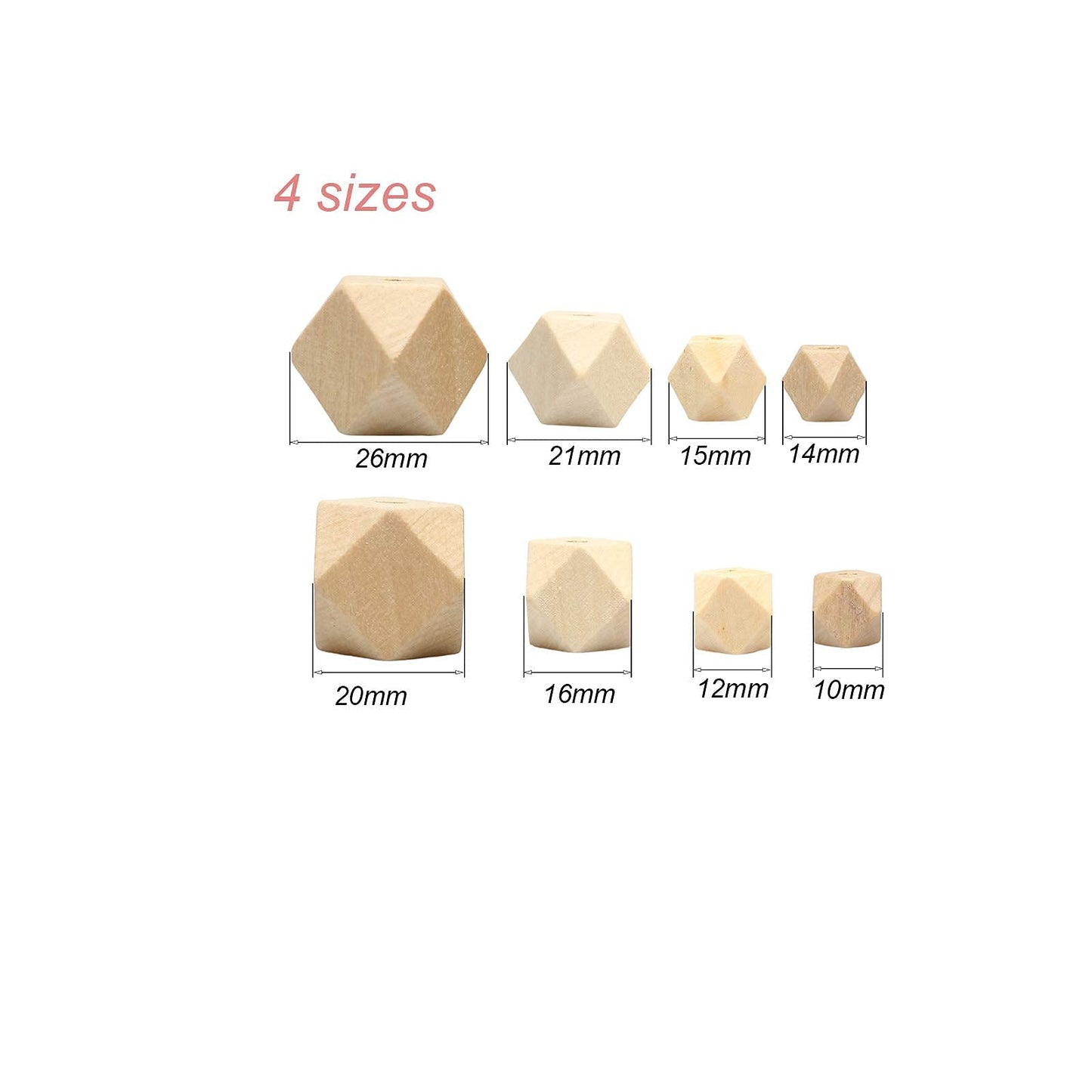 100Pcs Natural Geometric Polygon Wood Beads, Unfinished Wooden Loose Spacer Beads for Bead Crafts Making Home Farmhouse Decoration 4 Sizes (10mm 12mm 16mm 20mm)
