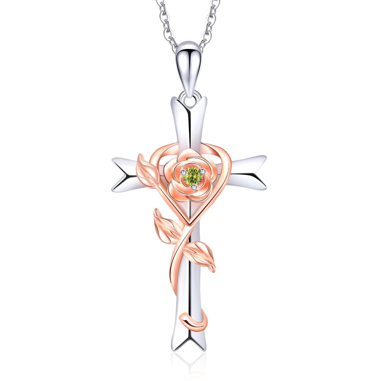 RIVIKO 925 Sterling Silver Cross August Birthstone Necklace for Women Cross Rose Pendant Necklaces Trendy Christmas Anniversary Valentine's Day Jewelry Birthday Gift for Women Her Wife