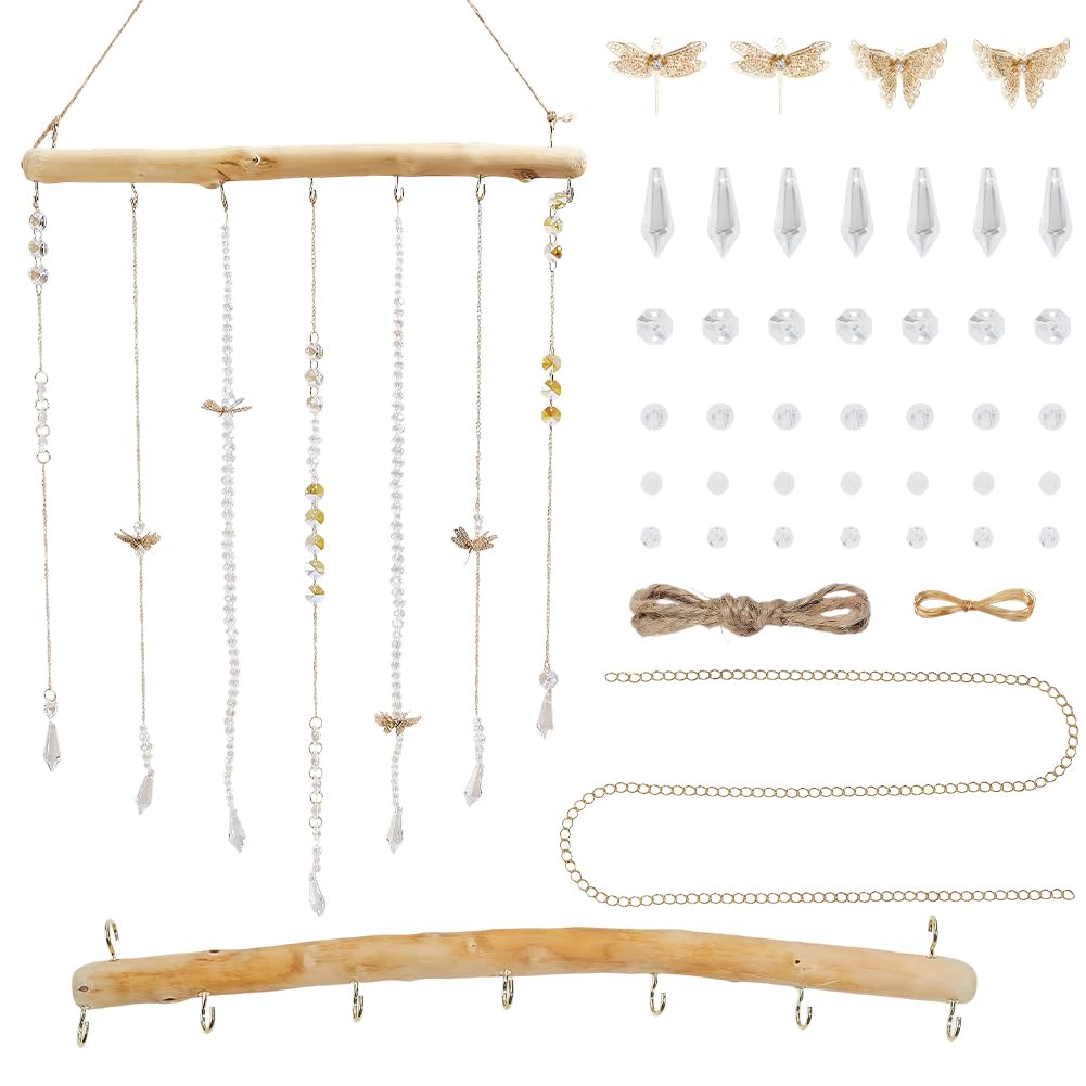 SUNNYCLUE Driftwood Wall Hanging Driftwood Decorative Branches 16 Inch Suncatcher kit Butterfly Dragonfly Charms Glass Acrylic Beads Wood Wind Chimes for Outside Indoor Diy Wall Hanging Ornament Decor