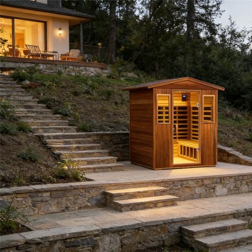 Kanlanth Outdoor Sauna 4 Person Low EMF Far Infrared Sauna for Home, 2050W Mahogany Wooden Sauna Room for Outdoor Indoor Home, with Blue-Tooth, LCD, LED