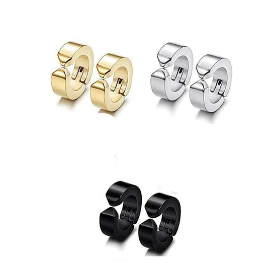 3 Pairs Non-Piercing Earrings for Mens Womens Stainless Steel Clip On Hoop Earrings