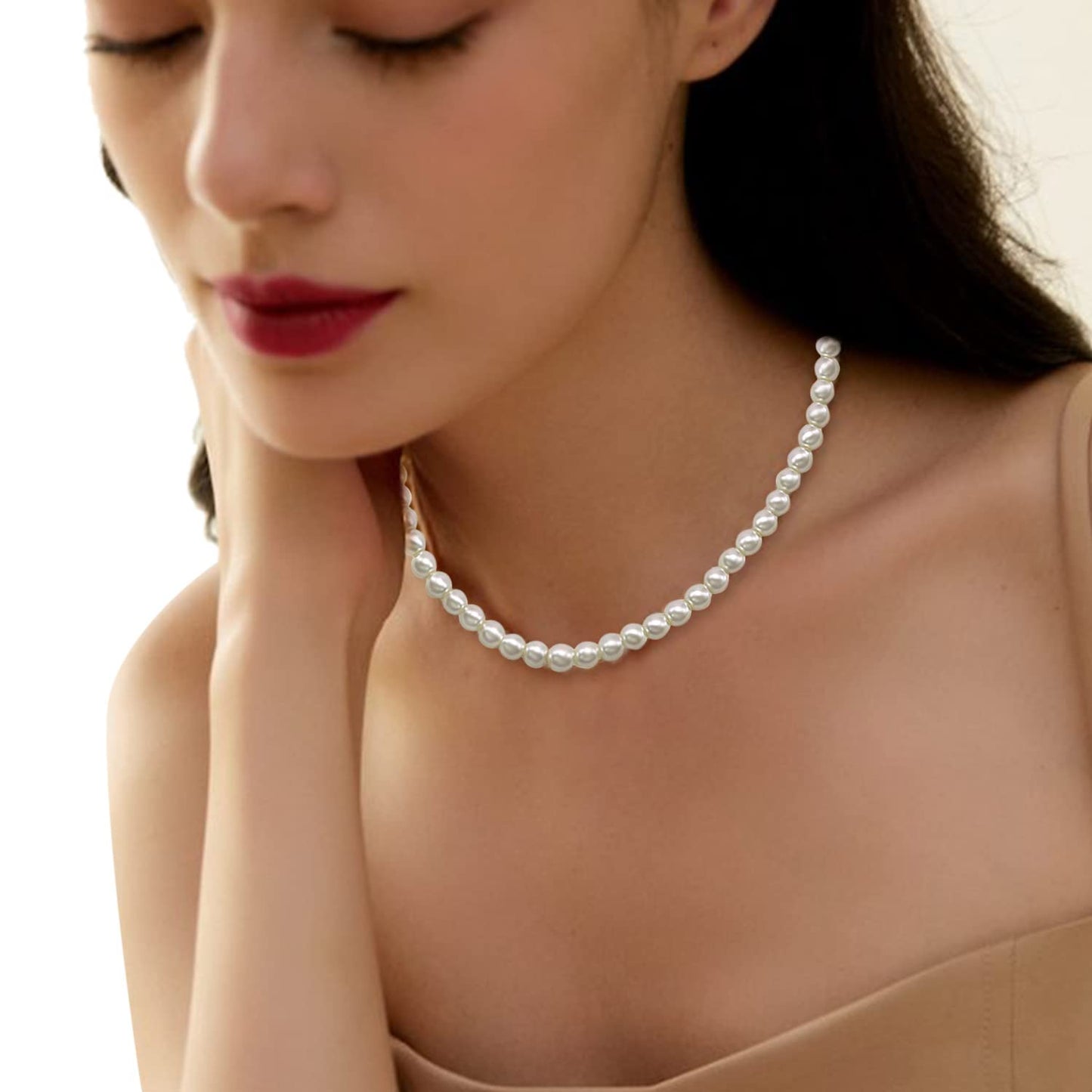 Cryshimmer Pearl Choker Necklace for Women Faux Pearl Beads Strand Pearl Necklaces Wedding Brides Costume Jewelry,6MM
