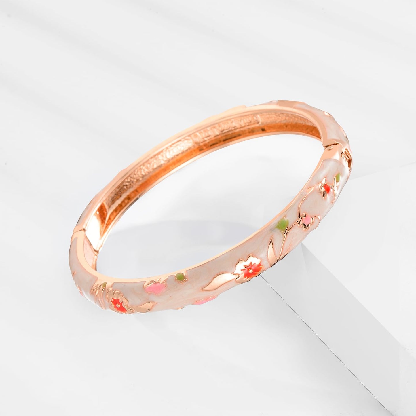 UJOY Women Cloisonne Bracelet Multi-Colors Gold Plated Rhinestone Flower Hollowed Enameled Hinged Cuff Bangles Jewelry Gift 88A10-3PCS Cream White