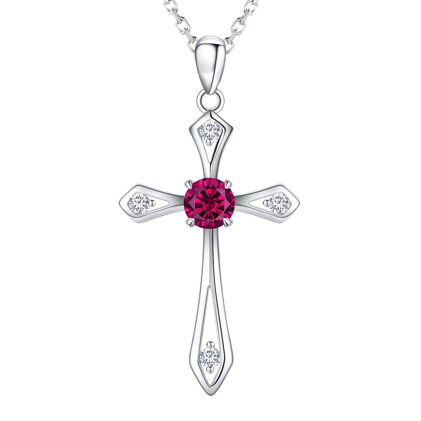 QUALISE Cross Necklace for Women,925 Sterling Silver July Birthstone Necklace Cross Pendant 5A CZ 12 Birth Months Birthstone Fine Ruby Jewelry Birthday Gifts for Her Wife Mom