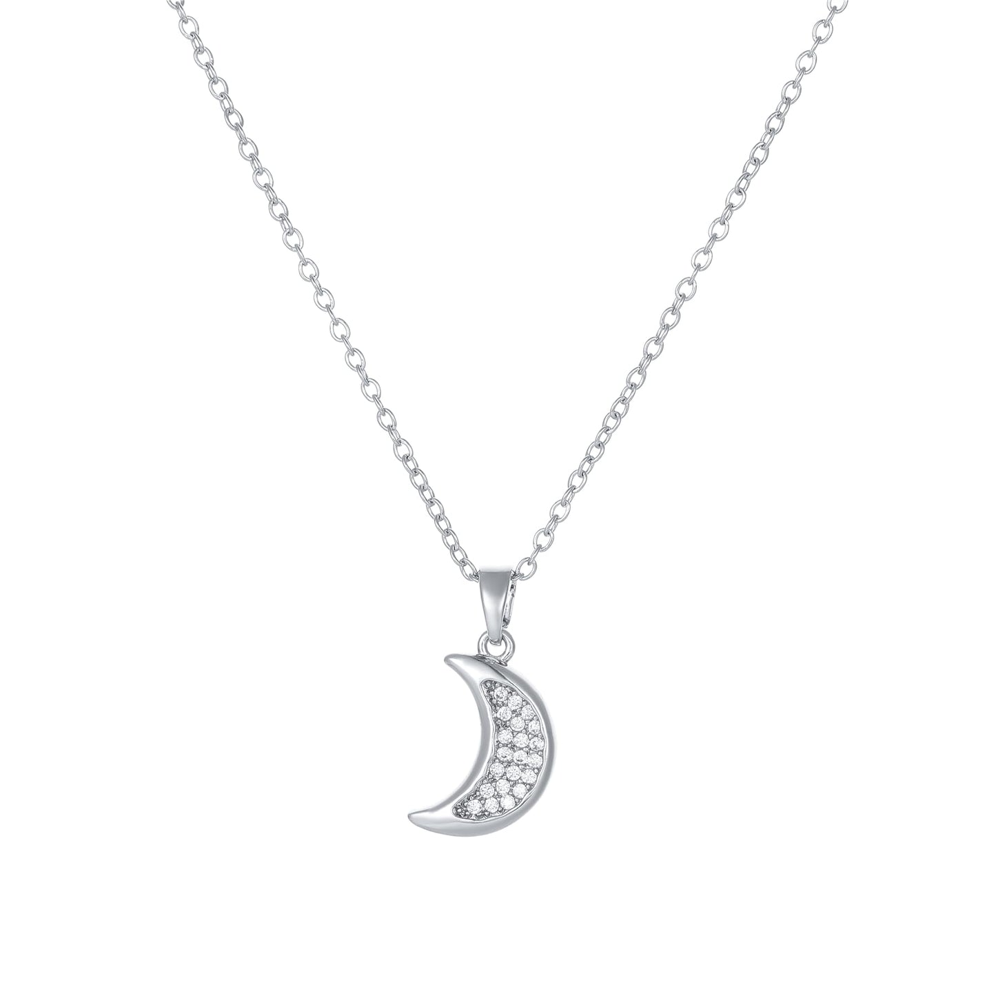 NONAMOIS White Gold CZ Diamond Moon Pendant Necklace for Women Dainty Stainless Steel Crescent Moon Choker Necklace Trendy Non Tarnish Jewelry