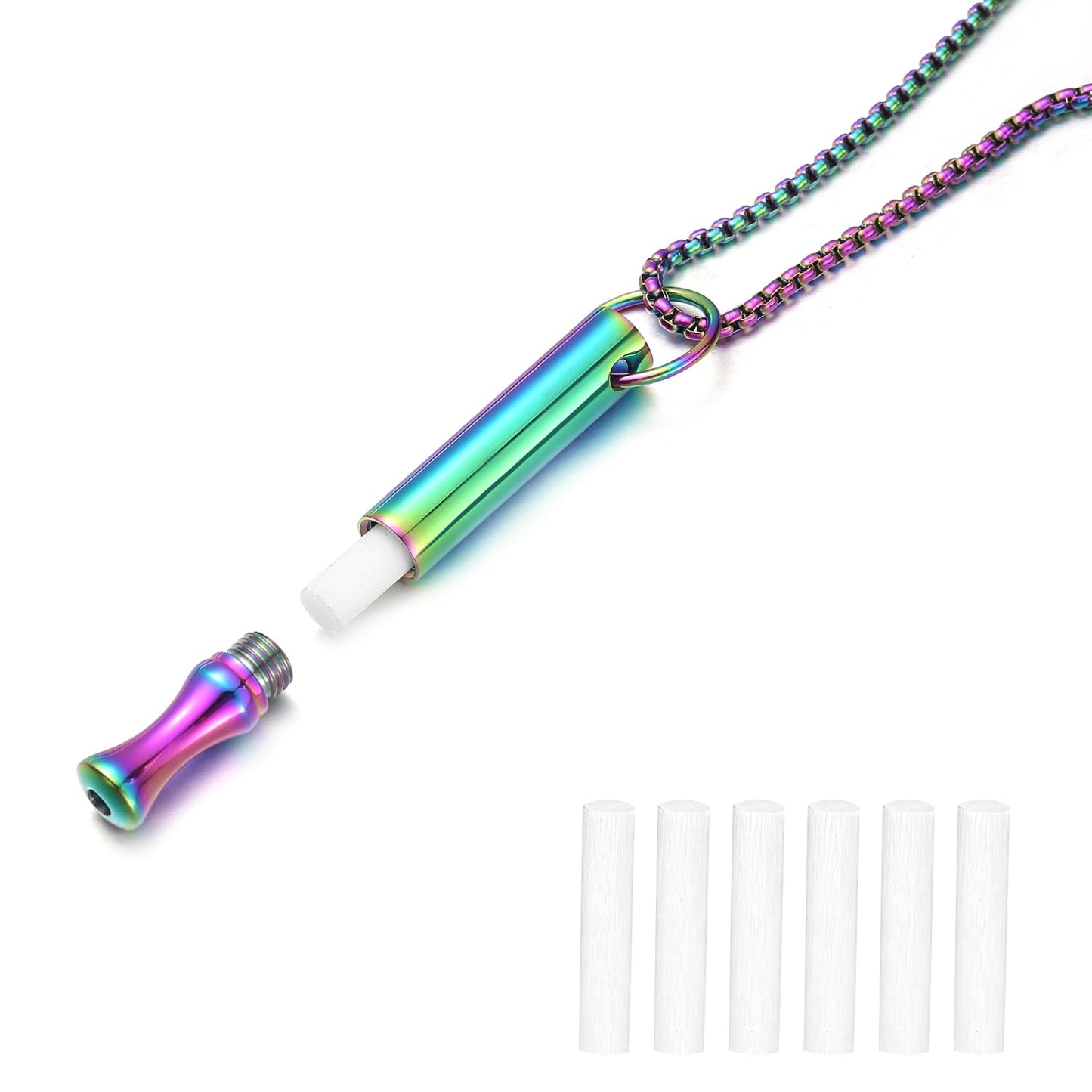 hooppoo Breathing Necklace for Calm & Focus - Personal Essential Oil Diffuser for Anxiety Relief, Quit Smoking, Yoga and Meditation - Reusable Stainless Steel Pendant for Women Men (Rainbow)