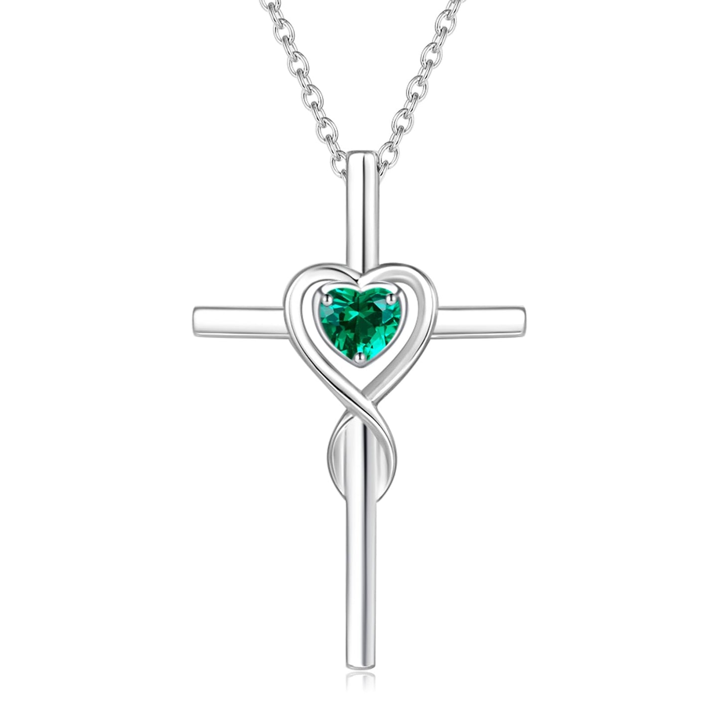 FANCIME Emerald Cross Necklace For Women Sterling Silver Birthstone Necklace Emerald Infinity Heart Cross Pendant May Birthstone Jewelry Gifts for Women