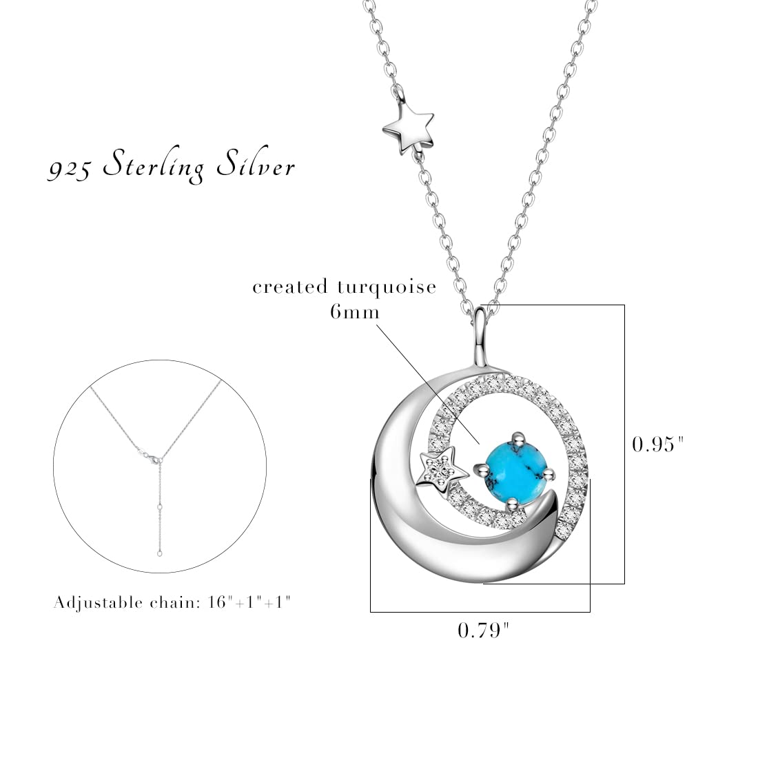 FANCIME December Birthstone Necklaces with Moon Star Pendant, Turquoise 925 Sterling Silver Fine Jewelry Birthday Anniversary Mothers Day Gifts for Women Mom Daughter, Adjustable Chain 16"+2"