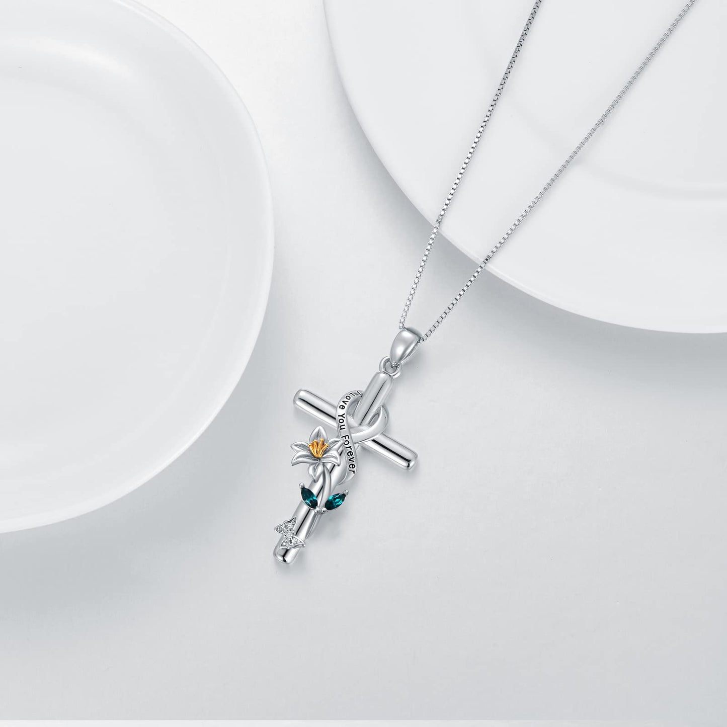 Flpruy Lily Necklace 925 Sterling Silver May Birth Flower Pendant Necklace Birth Month Flower Pendant Cross Necklace Birthday Jewelry Gifts for Women Her Mom