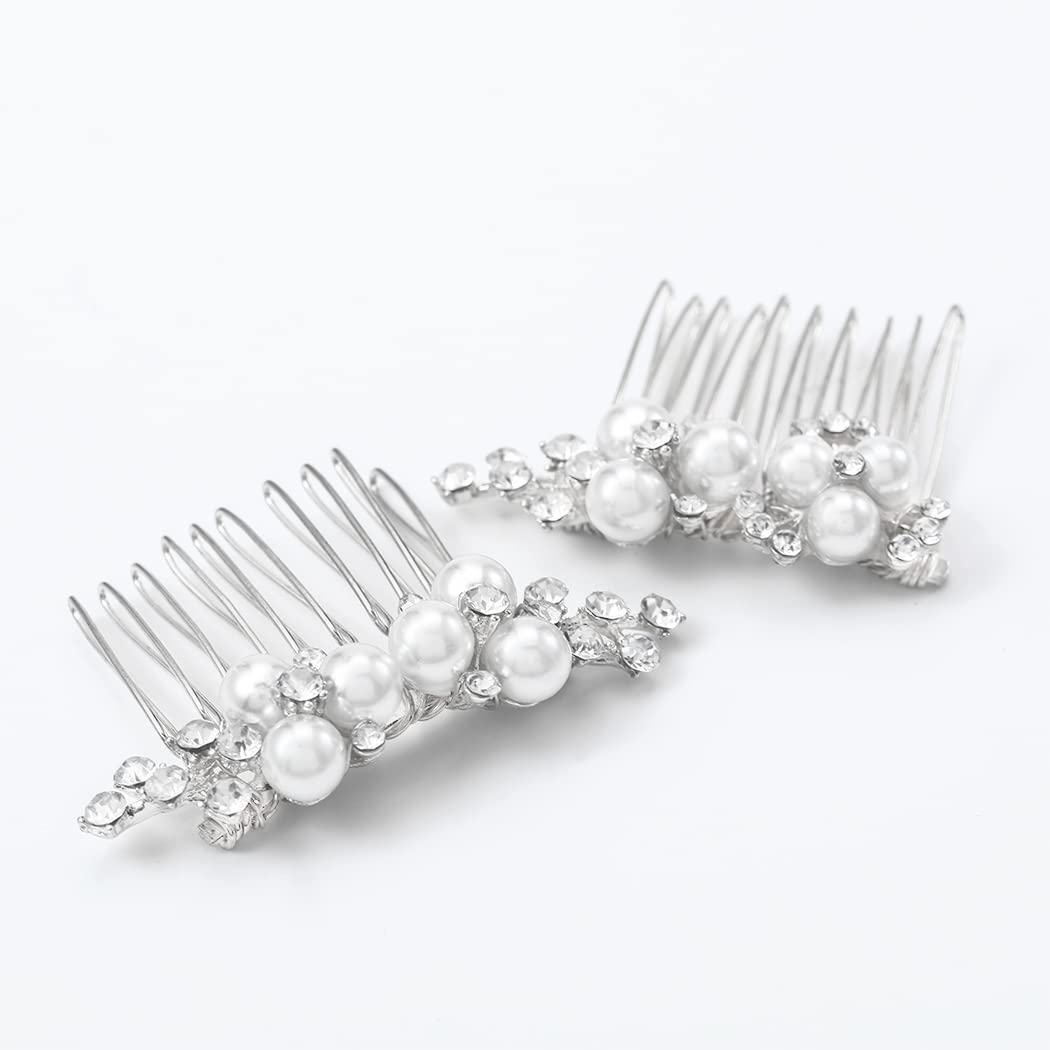 Asooll Gold Wedding Pearl Hair Comb Bride Crystal Headpiece Bridal Rhinestone Hair Clip Hair Accessories for Women(Set of 2) (B-Silver)