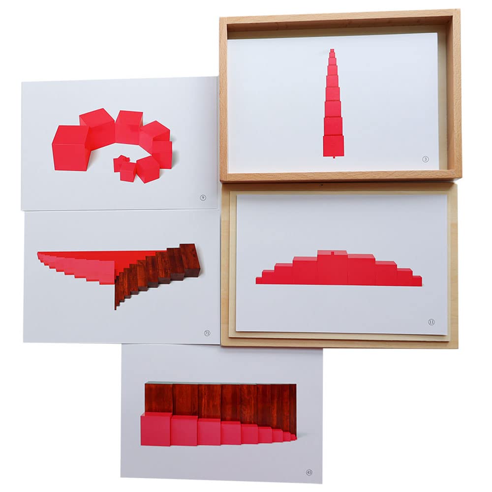 Kghios Montessori Pink Tower、 Brown Stair and Long Red Rods Sensorial Cards with Wood Box,Montessori Toys Materials for Toddlers Visual Sense, Early Educational Tools Preschool Learning Toys