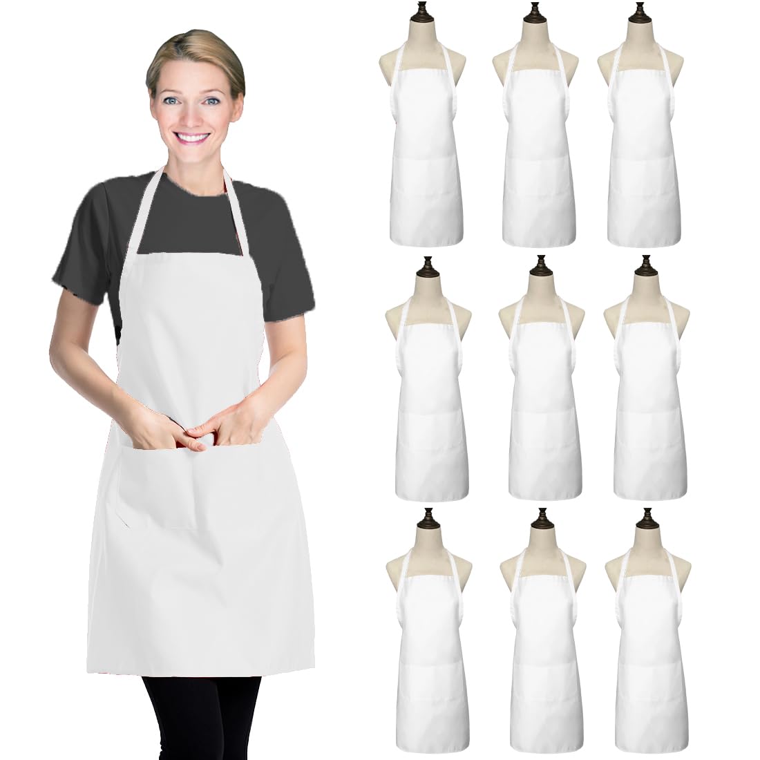 XEEYAYA White Bib Apron for Women Adult Girls Ladies with Pockets - Kitchen Aprons Bulk for Cooking Painting BBQ Grilling Baking