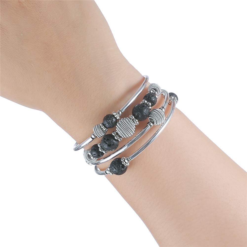 PEARL&CLUB Beaded Chakra Bangle Turquoise Bracelet - Fashion Jewelry Wrap Bracelet with Thick Silver Metal and Mala Beads, Birthday Gifts For Women(Lava stone)
