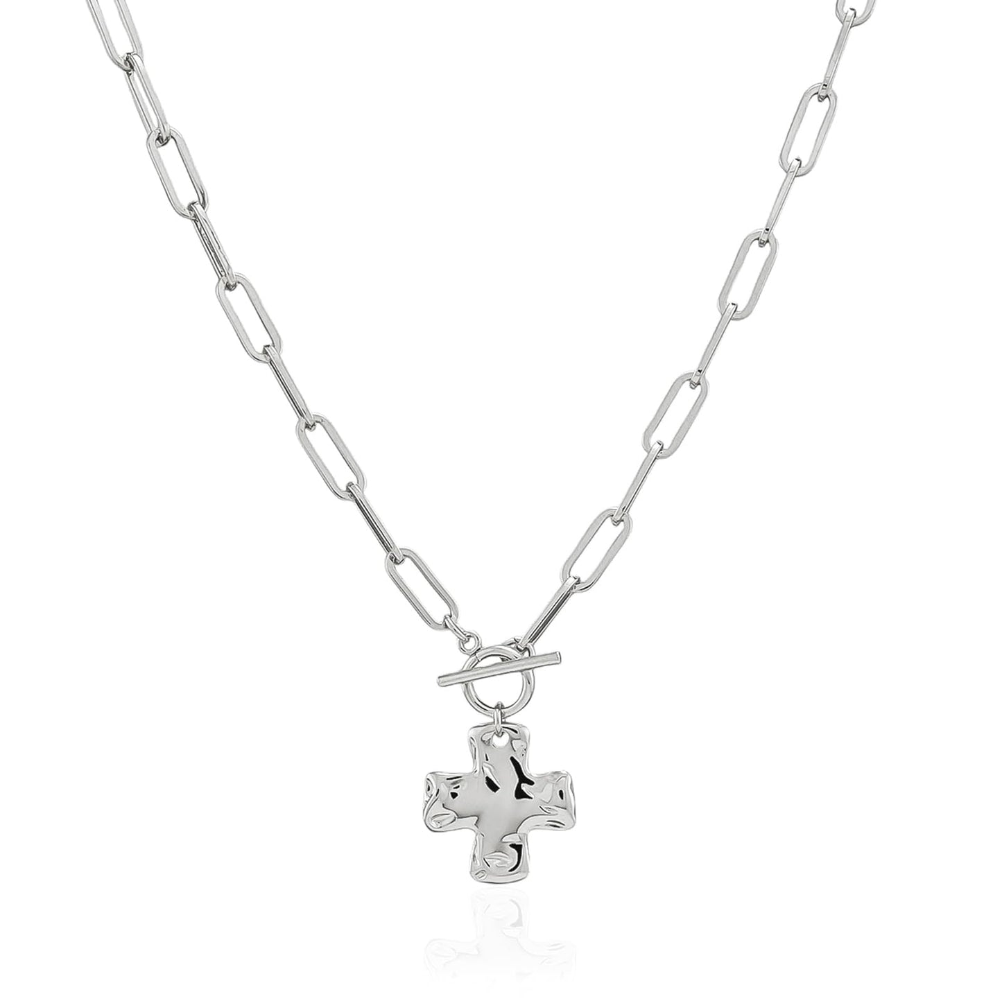 Bheop Chunky Cross Necklace for Women Trendy Silver Plated Statement Cross Pendant Charm Necklace Toggle Clasp Long Big Paperclip Faith Chain Costume Jewelry Gift Non Tarnish 2.5CM