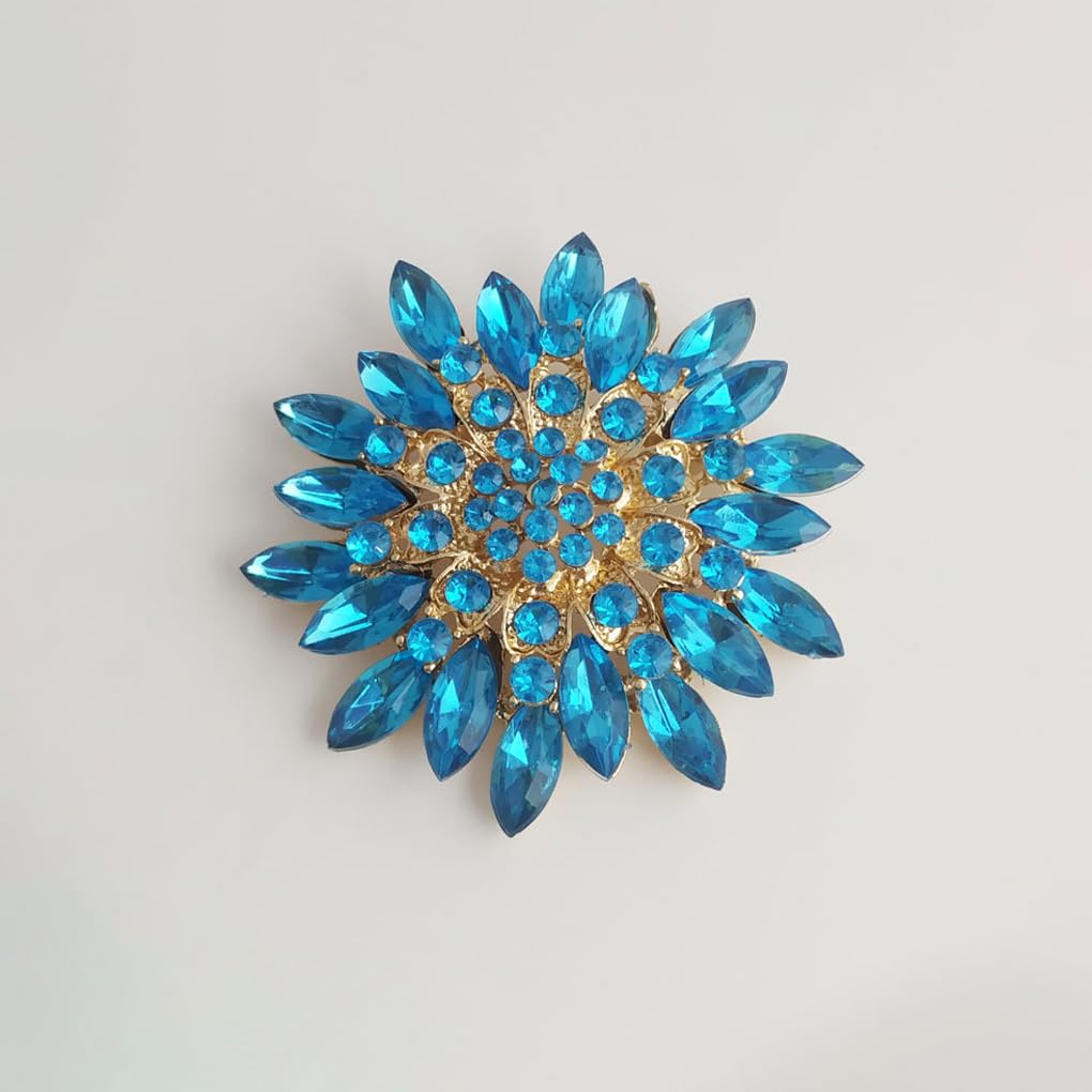 Rhinestone Large Flower Brooches Pins for Women Fashion Sparkly Crystal Sunflower Statement Brooch Wedding Party Suit Dress Formal Jewelry Accessories (Blue)