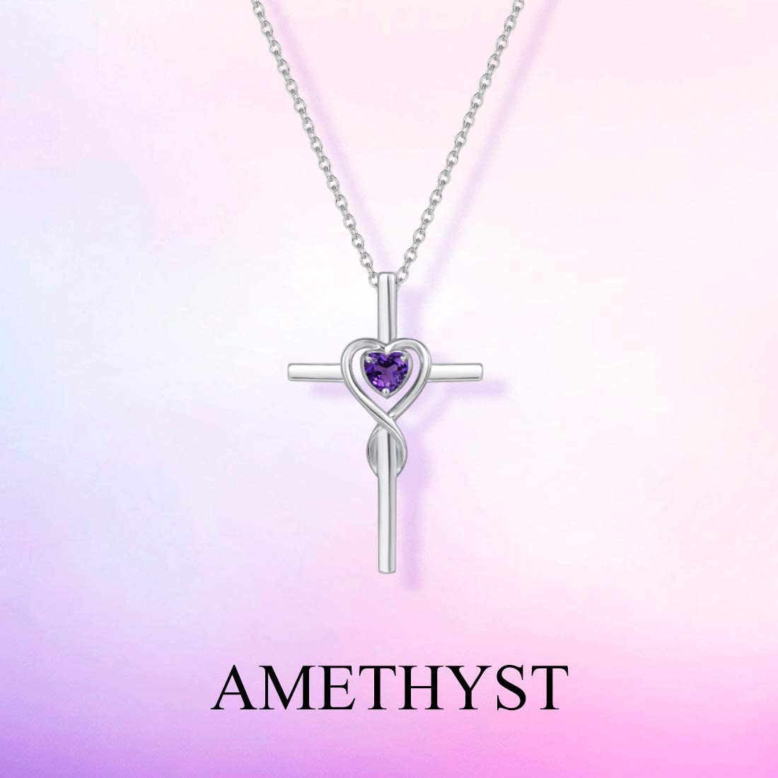FANCIME Amethyst Cross Necklace For Women Sterling Silver February Birthstone Necklace Amethyst Heart Infinity Cross Pendant Fine Jewelry Gifts for Women