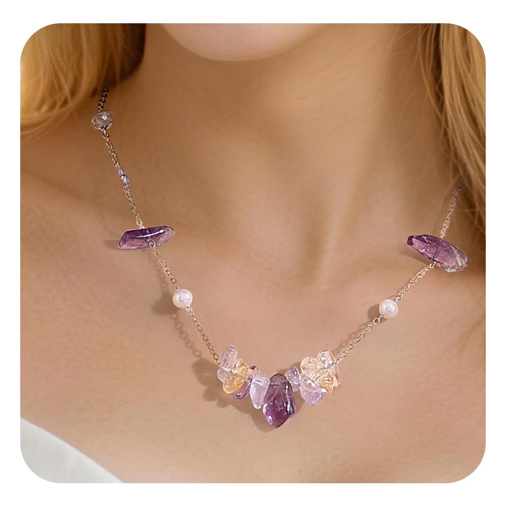 Gmissbabicoo Amethyst Necklace Purple Crystal Pearl Adjustable Handmade Hypoallergenic Jewelry for Women Daily February Birthstone Gemstones
