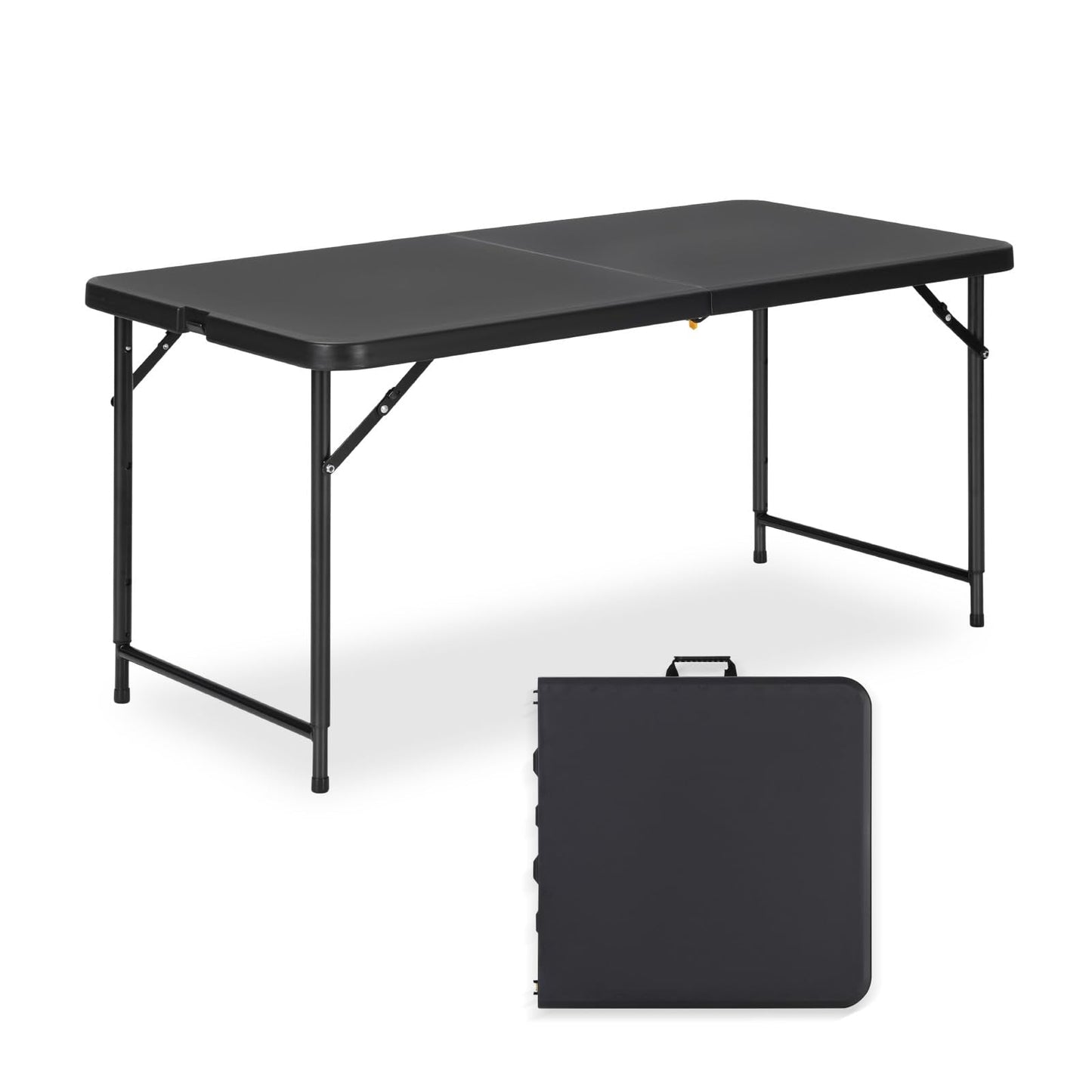 GlowitLian 4ft Folding Table with Adjustable Height, 3-Level Foldable Table with HDPE Top & Steel Legs, Portable 4 Foot Folding Table for Picnic, Party, Craft, Indoor Outdoor Use, Black