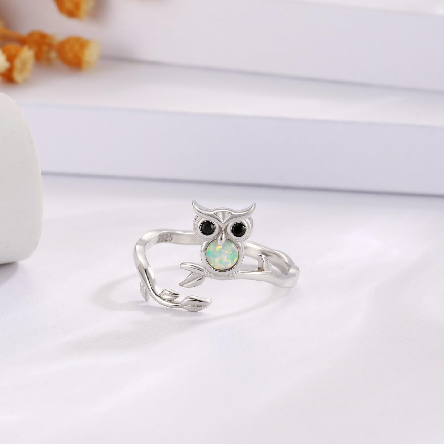 Zepmais 925 Sterling Silver Animal Ring - Adjustable Open Owl Axolotl Rings with Heart Cubic Zirconia Opal Cute Animals Jewelry Gifts for Women (Owl Ring)