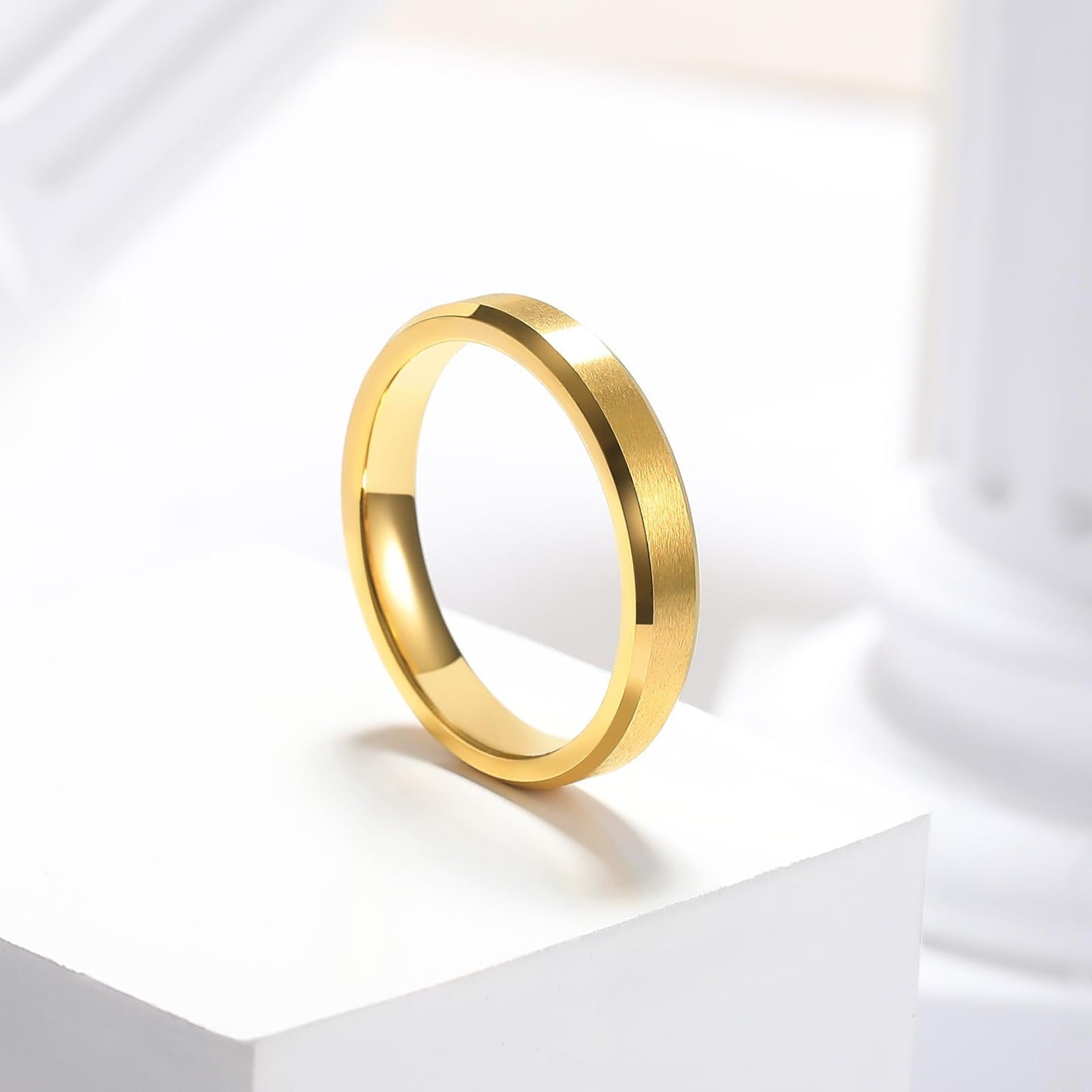 King Will 4mm Gold Tungsten Wedding Band Basic Wedding Ring For Men with Brushed Matte Surface Beveled Polished Edge Comfort Fit 9