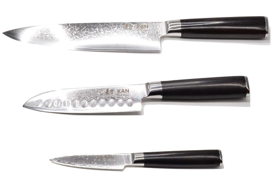KAN Core Basic Set: 8-inch Chef Knife (hammered finish), 6-inch Santoku, 3.5-inch Paring knife - Ebony wood handles